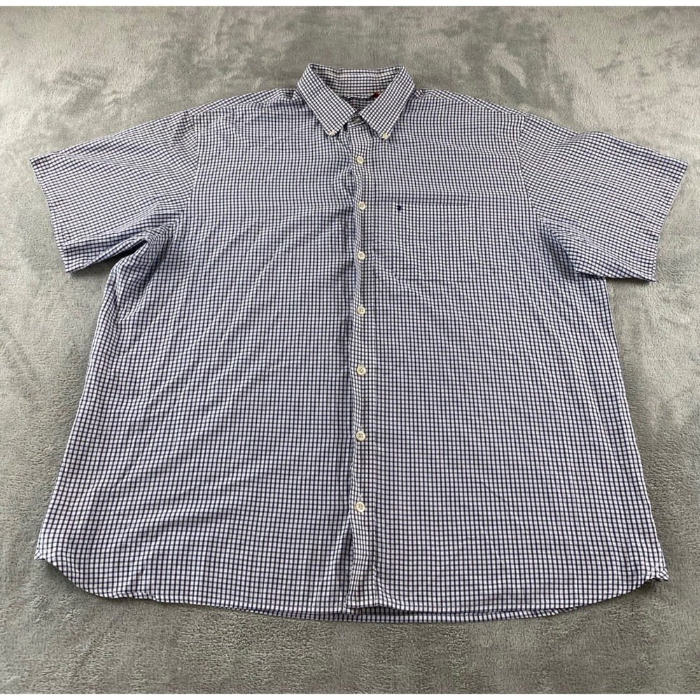 IZOD Luxury Sport Mens 2XL Gingham Check Short Sleeve Button Down Shirt Navy